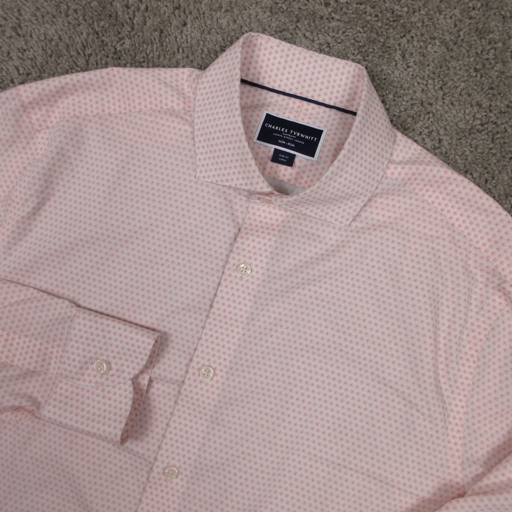 Charles Tyrwhitt Shirt Mens Large Pink Geometric Slim Fit Non Iron Button Up